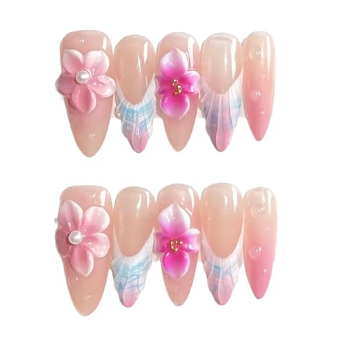 Hanakoko Press on Nails Handmade Nails 3D Press on Nails Short Medium Oval Almond Nails Fake Nails Glitter Cat Eye Nails Gel Nails Durable Reusable False Nails 10 Pcs (Seaside Orchid, S)