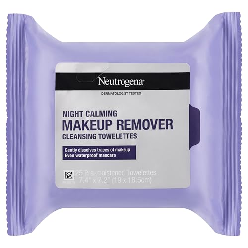 Neutrogena Night Calming Cleansing Makeup Remover Face Wipes, Disposable Nighttime Facial Towelettes to Remove Dirt, Oil, Makeup & Waterproof Mascara, Alcohol-Free, 25 ct