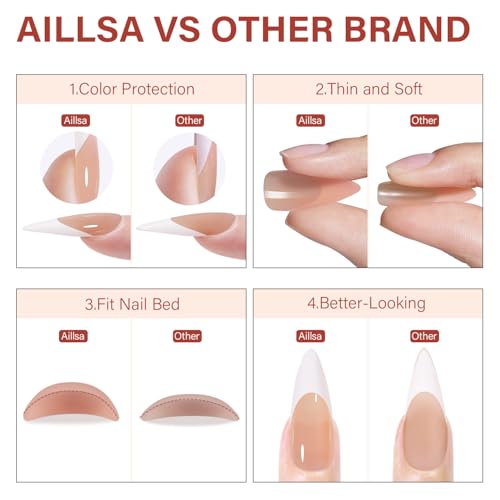 AILLSA French Gel Nail Tips, 180 Pcs French Tip Press On Nails Long Almond Brown, Pre-Applied Primer & Base Coat, No Need File, Long Almond Nails Tips, Fake Nails for Nail Art DIY 15 Sizes