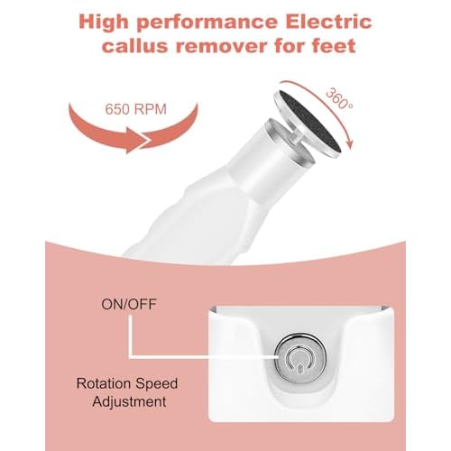 Electric Foot Callus Remover, Dioche 650 RPM Electric Foot File, Adjustable Speed, USB Charging, Removable and Washable, with 60pcs Replacement Sandpaper Disk, for Dead Cracked Hard Skin Calluses
