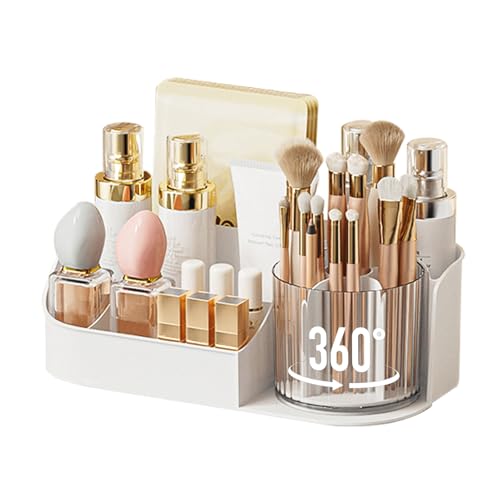 DASITON Large Capacity Makeup Organizer with 360¡Æ Rotating Makeup Brush Holder, Perfume and Skincare Storage Organizers for Vanity Bathroom Countertop, Cosmetic Display Case (White, 1 Tier)