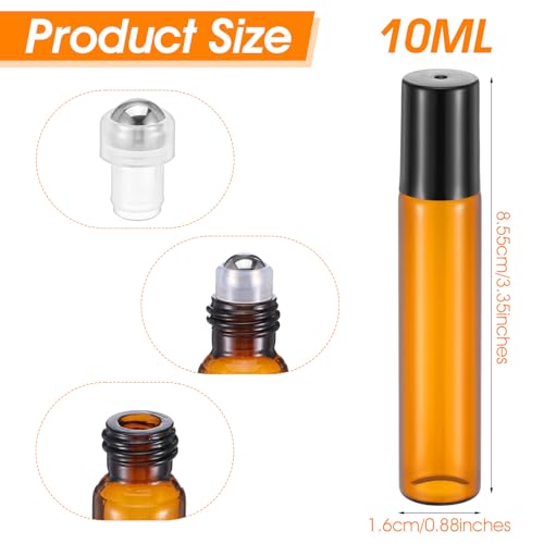 100 Pcs Essential Oil Roller Bottles 10ml Empty Glass Roller Bottles with Stainless Steel Balls Protection Leakproof with 5 Funnel for Travel Perfume Lip Gloss (Brown)