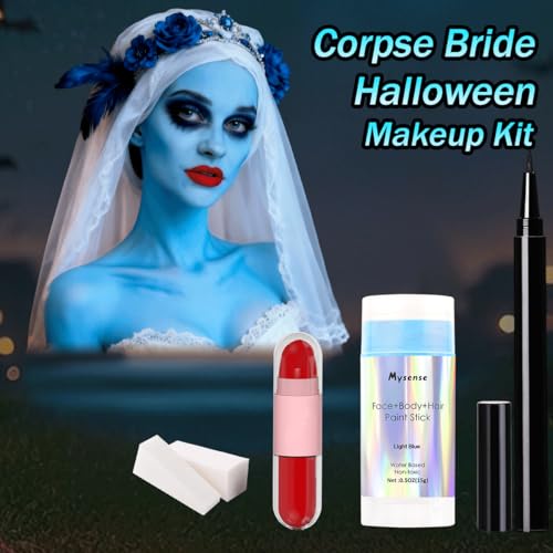 Mysense Sally Makeup Kit,Halloween Corpse Bride costume,Sally Face Cosplay Accessories for Women,Light Blue Face Paint+Red Double-Ended Lipstick+Black Eyeliner+Sponges