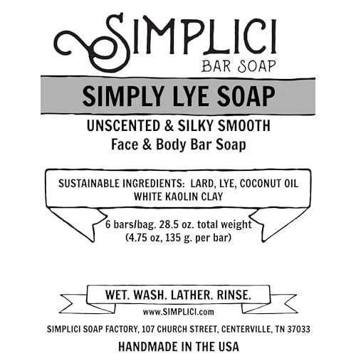 Simplici Simply Lye Natural Soap (smooth + for sensitive skin) 6 Bar Value Bag. Palm Free.