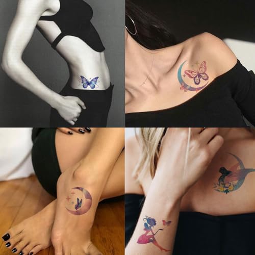 Glitter Tattoos for Girls Women, 12 Sheets Glitter Butterfly Moon Flowers Mermaid Temporary Tattoos for Girls Birthday Party Supplies Gifts Decoration