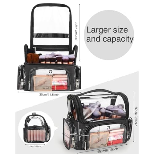 Makeup Brush Bag, Clear Makeup Brush Holder Professional Makeup Artist Travel Case Waterproof Cosmetic Organizer Bag, Full Open Easy to Access, with Adjustable Shoulder Strap and Dividers