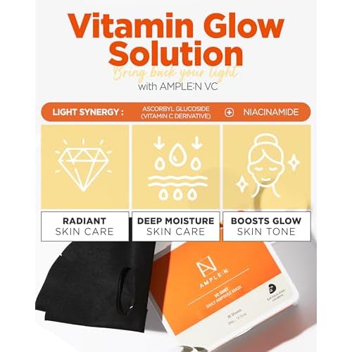 VC Shot Daily Ampoule Mask - Korean Face Sheet Masks with Vitamin C for Radiant Skin Tone Daily Facial Treatment with Niacinamide for Hydration & Complexion Enhancement, 30 Sheets