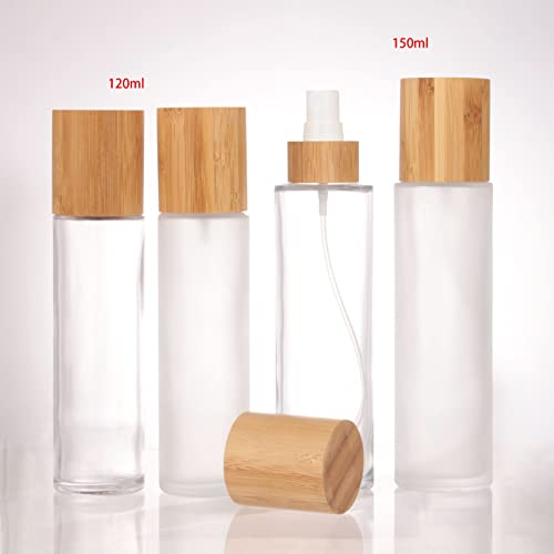 COSIDEA 4 pcs Empty5oz /150ml bamboo lid Frosted glass spray bottle with fine mist despenser head for liquid perfume toiletries containers, toner bottles