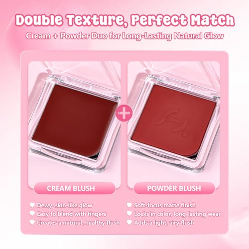 Blush Palette Duo ? Cream & Powder Blush Set in Deep Red, Long-Wearing & Moisturizing, Easy to Blend, Radiant Coverage for Cheeks, Eyes & Lips, Magnetic Palette Compatible (2-Pack, Maple Crush)