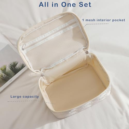 uekeboag 3Pcs White Quilted Cotton Makeup Pouch,Coquette Quilted Toiletry Bag for Women and Girls, Floral Coquette Organizer Bag, Aesthetic Travel Cosmetic Bags(3Pcs White Shell)