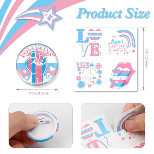 80 Pcs Transgender Pride Accessories,48 Trans Pride Temporary Tattoos 16 Badge Pins Buttons and 16 Silicone Bracelets Wristband Bulk for Trans Pride Month Parade Celebration Party Favors