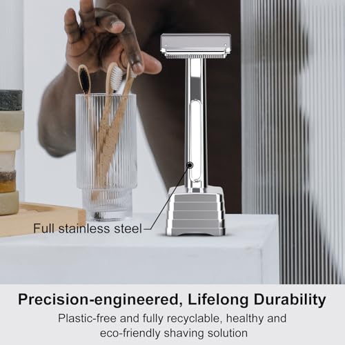 Dual-Blade Safety Razor with Pivoting Head, Reusable Metal Razors for Men, with 20 Double Edge Blades and Stand, Smooth Close Clean Shave, Silver