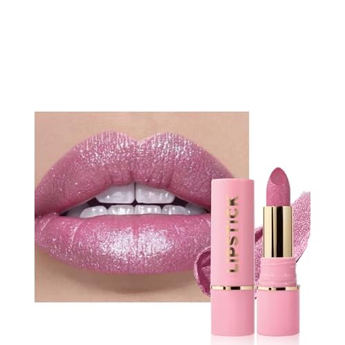 Metallic Nude Pink Glitter Lipstick Long Lasting,Glitter Lipstick Diamond Shimmer Lip Gloss for Women,Transfer Proof Non-Stick Lipgloss Highly Pigmented Full Coverage Red Lip Color Makeup Gift-02