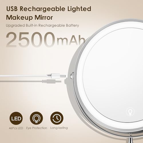 Wall Mounted Lighted Makeup Mirror, 8" Rechargeable Double-Sided Light up Magnifying Mirror 1x/10x, 3 Colors Led Vanity Mirror with Lights, Touch Dimmable 360¡Æ Rotation Foldable