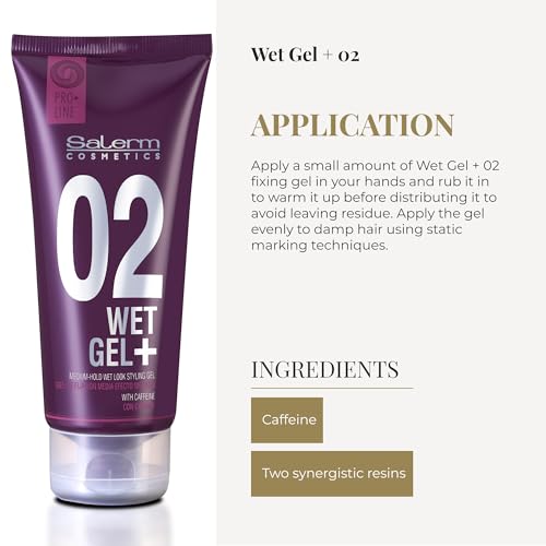 SALERM - Hair Styling Gel - Pro Line Wet Gel + 02-200 ml - Medium Hold - Wet Effect - with Caffeine and Fixative Resins - Leaves No Residue - Antioxidant and Energizing Effect - Quick Drying