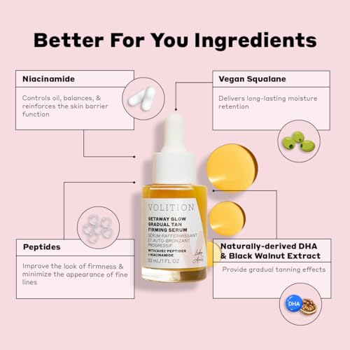 Volition Beauty Getaway Glow Gradual Tan Firming Serum with Peptides + Niacinamide | Hydrating & Plumping Tanning Drops for Face | Boosted with Hyaluronic Acid & Natural Sunless Tanning Ingredients