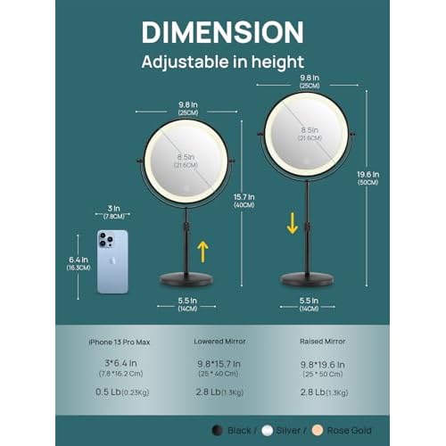 OMIRO 1X/10X Makeup Mirror with Lights,8.5 Inches Double Sided Vanity Mirror with Height-Adjustable Stand,Magnifying Mirror with 3 Color Light (Black)