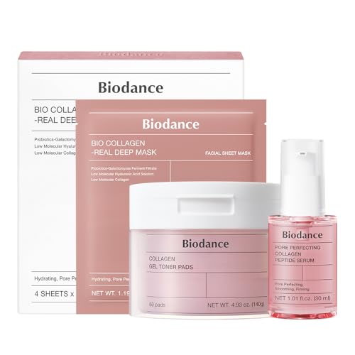 BIODANCE Collagen Pink Glow Trio: Collagen Real Deep Mask & Toner Pads & Peptide Serum for Plumping Hydration, Firming, Korean Skin Care, Skin Care Set