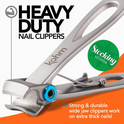 KOHM Nail Clippers for Thick Nails - Heavy Duty, Wide Mouth Professional Fingernail and Toenail Clippers for Men, Women & Seniors, Silver