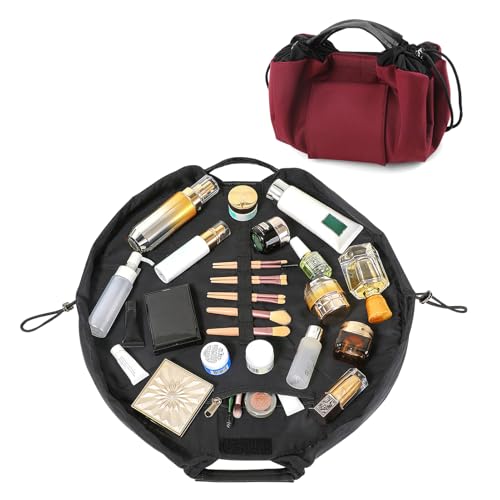 Vomgomfom 20 inch Drawstring Makeup Bag Open Flat,Waterproof Magic Cosmetic Pouch for Women (J-Wine Red)