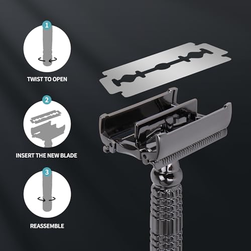Gearhub Butterfly Double Edge Safety Razor Reusable Stainless Metal Wet Shaving Razor with 10 Swedish Platinum Blades for Men Women Barber Bikini Armpit Hair, Matte Black GR179