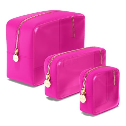 Clear Cosmetic Bags Set of 3, Mini Small Large Makeup Bags For Women Clear Pouch Cosmetics Cases Zipper Cute Pouches Make Up Travel Toiletry Essentials Preppy Purse Organizer Makeup Cases, Fuchsia
