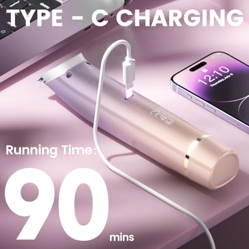 Bikini Trimmer for Women, 2-in-1 Electric Razor with Dual Heads, Ceramic Blade, Waterproof & Rechargeable, Painless Pubic Hair Shaver for Bikini, Underarm, Legs, Face ? PinkPurple