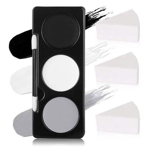 Black White Light Grey Face Paint + 3PCS Sponge + Brush,3 Colors Gray Body Paint Palette for Zombie Skeleton Vampire Cosplay,Skull Black White Halloween SFX Makeup Kit,21g