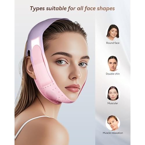 Reusable V-Line Sculpting Face Mask ? Silicone Chin Strap for Jawline Tightening & Double Chin Reduction (23-27 Inches) (Pink) -01