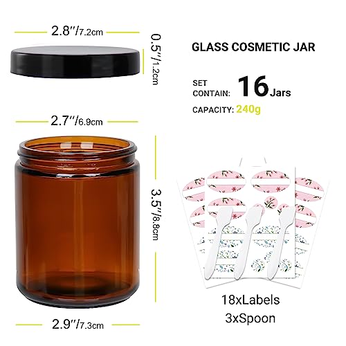 Keketin 8 oz Amber Glass Jars,16 Pack Empty Cosmetic Containers with Inner Liners and Black Lids,Refillable Round Cream Jars for Lotion,Ointments,Bath Salts,Makeup,Slime and Travel