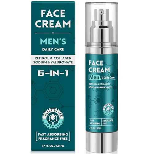 6-in-1 Face Cream for Men: Hydrating Water Based Men Face Moisturizer with Retinol, Collagen, Sodium Hyaluronate - Mens Anti Aging Face Cream for Day and Night Use (1.7 Fl Oz (Pack of 1))