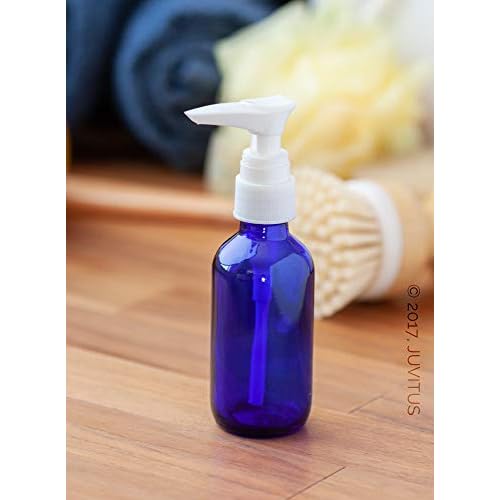 (12 Pack) 2 oz Blue Cobalt Glass Boston Round Bottle with White Lotion Pump