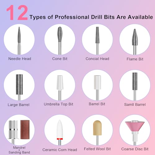 Professional Electric Nail Drill 40000RPM for Salon Home Use, Cordless Rechargeable Nail File Machine Kit with 12PCS Bits for Acrylic Gel Nails, Portable Efile Manicure Pedicure Tool (Pink Blue)