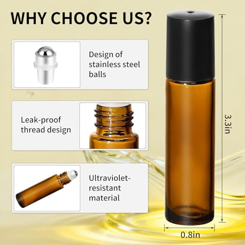 48 Pack 10ML Roller Bottles for Essential Oil, Empty Amber Glass Roller Bottle for Perfume Oil, Roll on Bottles with Stainless Steel Roller Balls, Opener, Funnel and Dropper for Aromatherapy, Massage