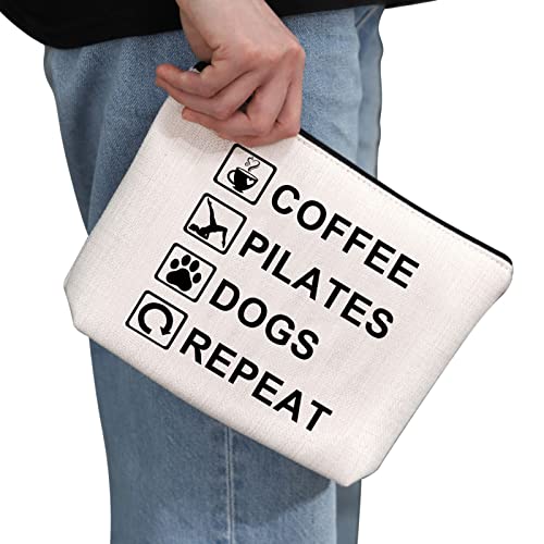 G2TUP Coffee Pilates Dogs Repeat Makeup Bag Coffee Pilates Dog Lover Cosmetic Bag Pet Owner Gift Coffee Dog Pilates Themed Zipper Travel Pouch (Coffee Pilates Dogs Repeat White Bag)