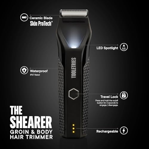 TOOLETRIES The Shearer - Groin & Body Hair Trimmer for Men, Electric Shaver for Pubic Hair, Balls, Groin, Chest, Legs, Waterproof Wet/Dry Clippers, Rechargeable, Bonus Shower Kit - Black