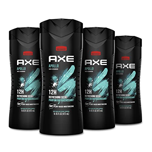 AXE Body Wash Phoenix 4 Count 12h Refreshing Scent Crushed Mint & Rosemary Men's Body Wash 16 oz & Body Wash Apollo 4 Count for Long Lasting Freshness Sage & Cedarwood Men's Body Wash 16 oz