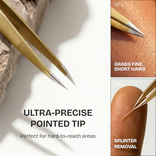 Professional Tweezers Set ? Slant & Point, Ultra Precision German Stainless Steel Tweezers for Eyebrows, Chin, Ingrown Hair & Facial Grooming ? Lightweight with Case - Gift Idea - Gold