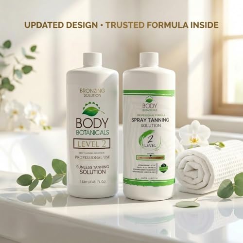 Professional Sunless Tanning Spray Tan Solution, Organic Essential Oils, Airbrush Formula, 33.8 Fl Oz. (Level 2 (10% DHA))