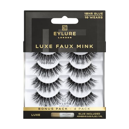 Eylure Luxe Faux Mink False Lashes - Regal, 4 Pairs Bonus Pack | Glue Included | 10 Wears