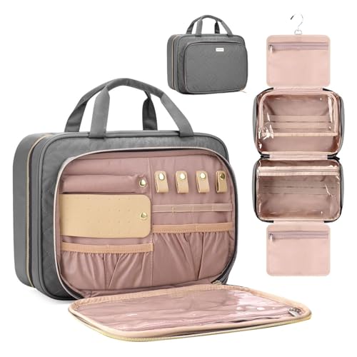 Toiletry Bag for Women with Jewelry Organizer Compartment, Jewelry Boxes for Gifts, Travel Makeup Cosmetic Bag with Hanging Hook for Full-sized Toiletries, Shampoo - Grey, Gifts for Women