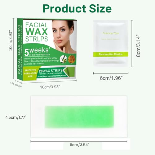 Wax Strips for Face - 98% Natural Formula for Sensitive Skin, Facial Hair Removal for Women - Gently and Quickly Removes Hair from Eyebrows, Lips, Body, Legs, and Bikini Line- Hypoallergenic