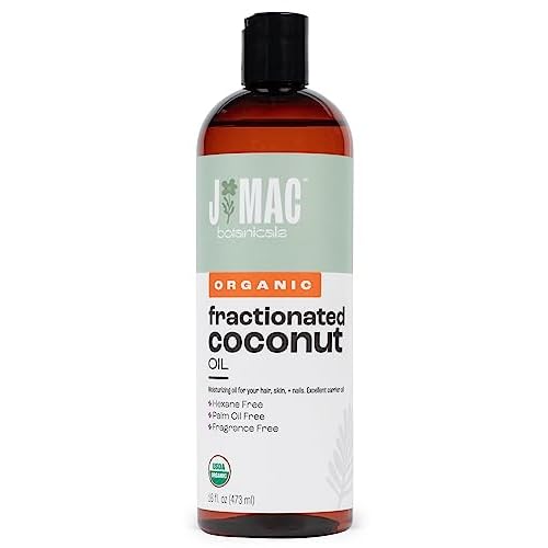 J MAC BOTANICALS, Organic Fractionated Coconut Oil (16 Oz.) Carrier oil for diluting essential oils, leave in conditioner for dry damaged hair, skin, massage