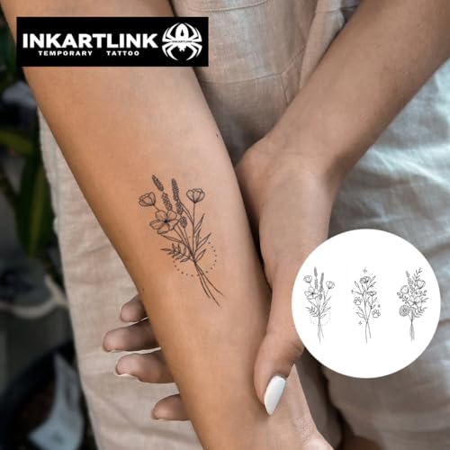 INKARTLINK Women's Semi-Permanent Floral Temporary Tattoos - Adult Art Design, Cruelty-Free, Waterproof, Non-Reflective (3 Sketch Flowers)