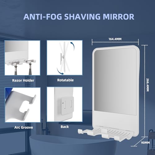Shower Mirror for Shaving Fogless with Multifunctional Storage for Razor and Shaving Foam Canister, Adhesive or Screw Optional Installation,Adjustable Angle, White