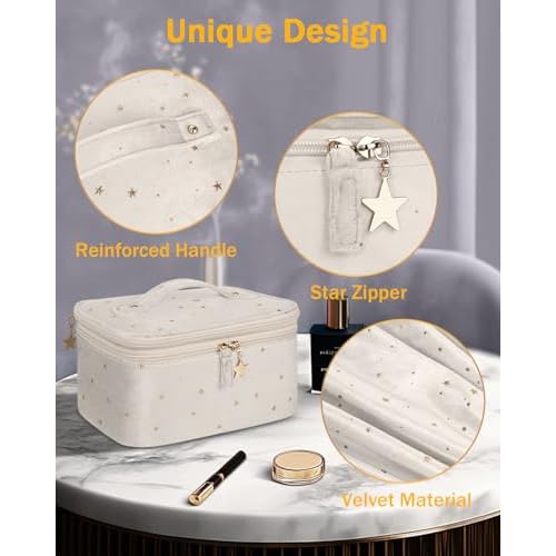 Wedama Makeup Bag, Double-layer Cosmetic Bag with Jewelry Storage and Brush Holders 3 Pcs Velvet Makeup Bag Set Travel Makeup Organizer Bags Portable Cosmetic Case Toiletry Bag for Women Girls, Beige