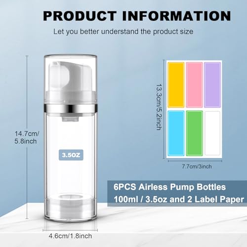 Cosywell Airless Pump Bottles 3.4oz/100ml 6 Pack Dispenser Empty Moisturizer Jars Cosmetic Container Travel Bottles for Shampoo Lotion Cream (Clear)