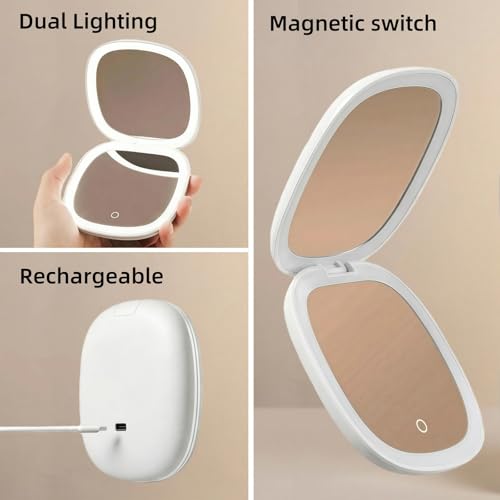 LED Travel Magnifying Makeup Mirror - 1X/10X Rechargeable 4-inch Magnifying Mirror with Light, 3-Level Dimmable, Compact Portable Mirror for Purses & Travel | Ideal Gift