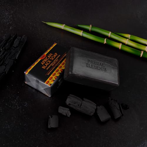Primal Elements African Black Soap with Shea Butter and Charcoal for Dry Skin, Detoxifying and Acne Fighting, 6 Pack