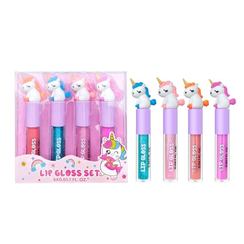 M&U MAKE YOU UP 4pc Unicorn Lip Gloss Stick for Girls- Party Favors Glossy Lip Set with Magic Topper, Girls Birthday Gift, Princess Theme Gift (4 Pack) - Non Toxic